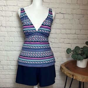 Geometric Patterned Tankini Top with Solid Navy Bottoms
